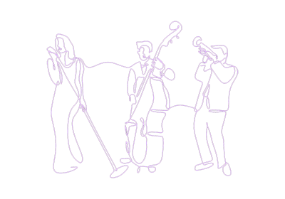 Purple line drawing of three jazz musicians representing Gabriel Bey's Spooky Kool band
