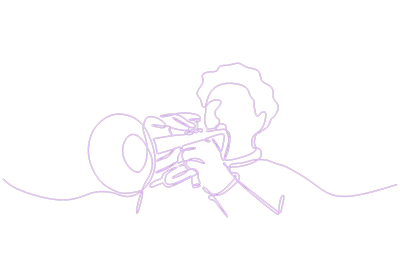 Purple line drawing on black background representing Gabriel Bey playing trumpet
