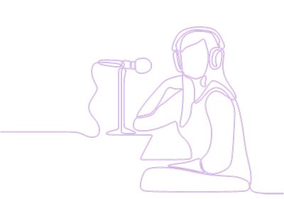 Purple line drawing of a woman with a microphone and headphones representing recording at Kingdom Works Studio